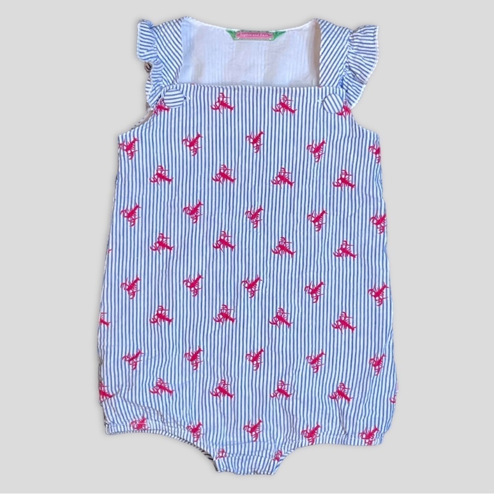 Sophie and Sam Lobster Print Seersucker Toddler Romper | 24M | Blue/White
